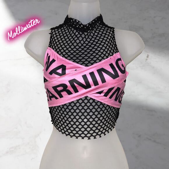 New Small Mesh Black Pink Warning Caution Tape Crop Top Punk Grunge Retro Neon - Picture 2 of 3